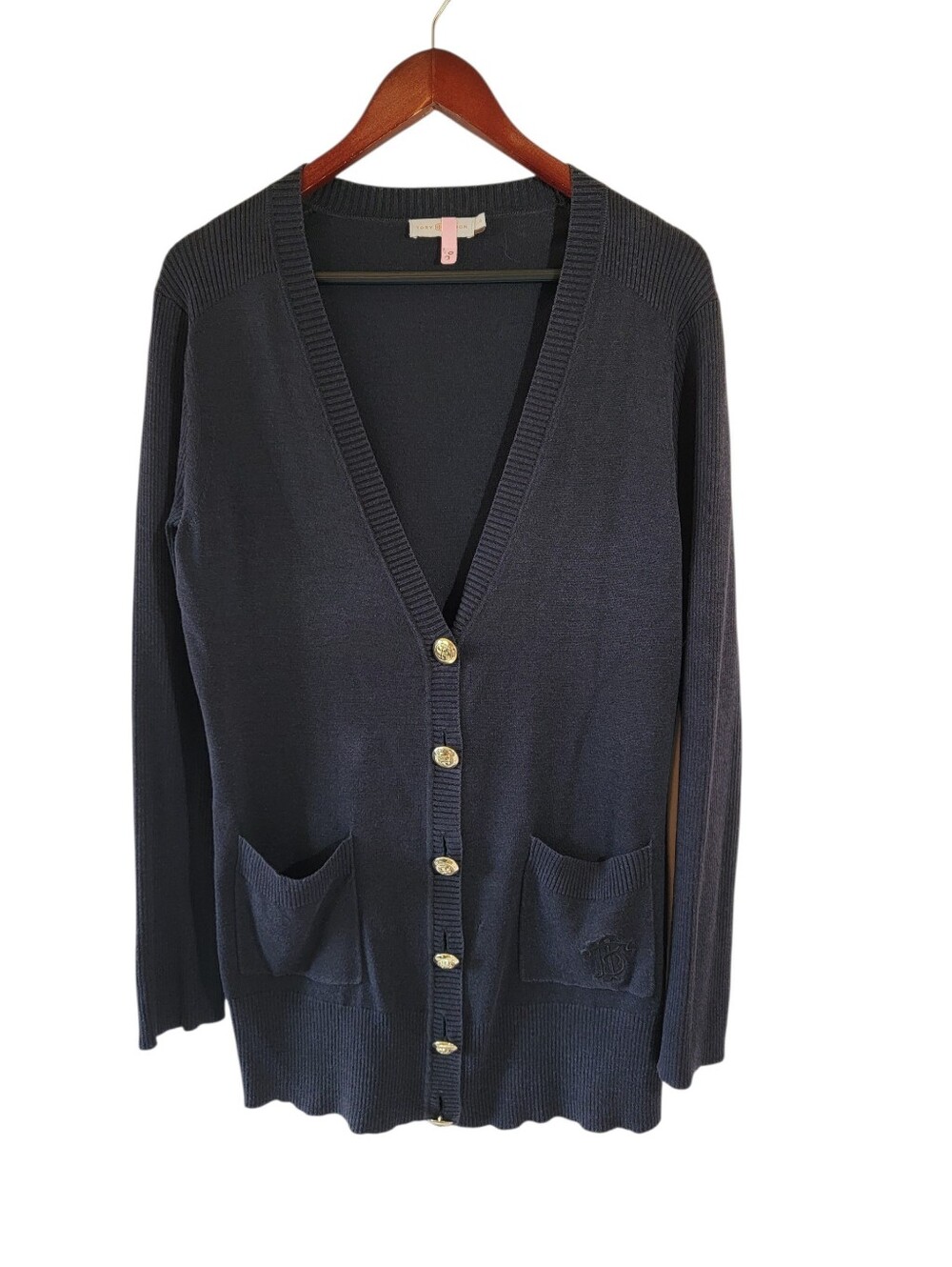 Tory Burch Navy Silk Cotton Cardigan Sz L V-Neck Pockets Quiet Luxury Old Money